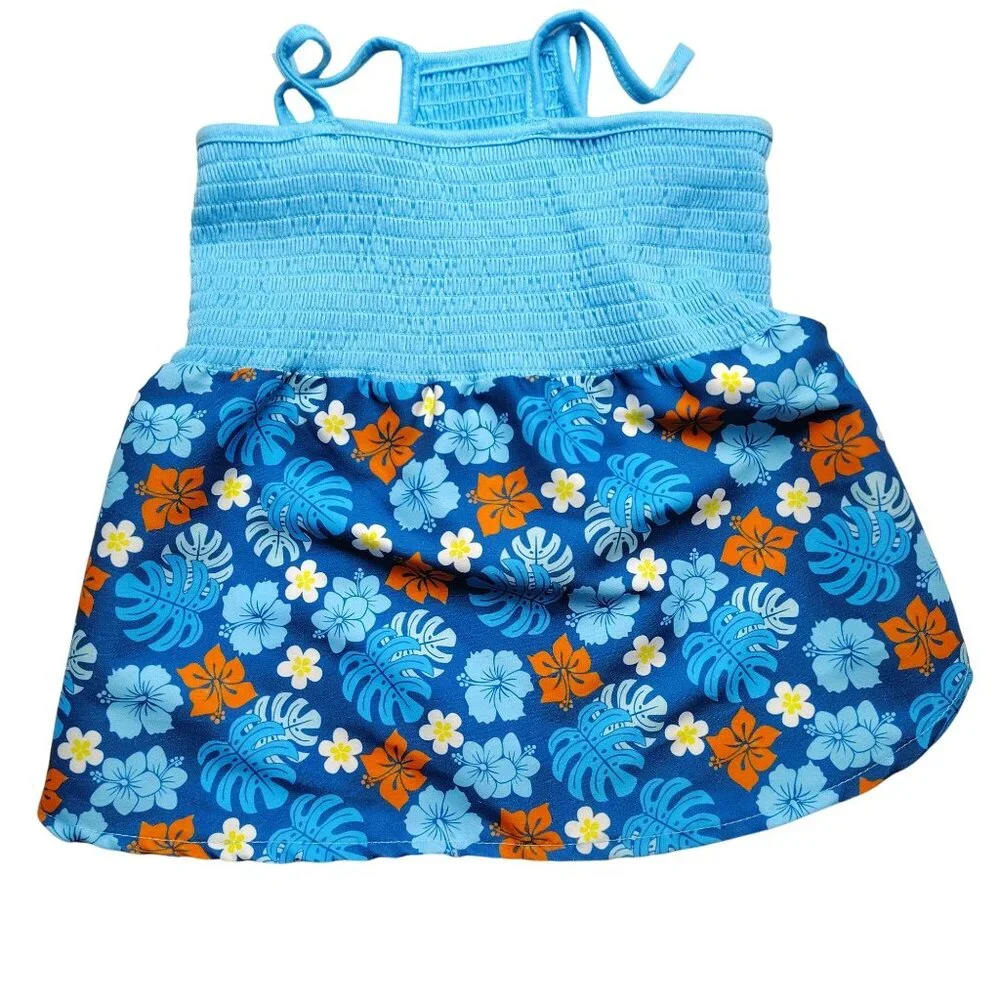 Pet Apparel XL Tropical Floral Blue Dress For Dogs With Stretchy Smocked Bodice
